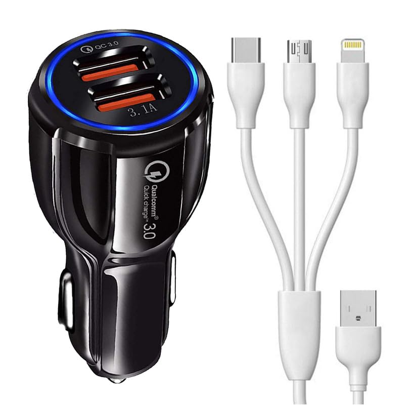 30W Car Charger for Op-po Realme 2 DualPort High Speed Turbo Charge QC 3.0 Smart with 1.2m 3-in-1 Multi Cable Micro USB Android iOS Type-C USB Cable (Black, SG.A)
