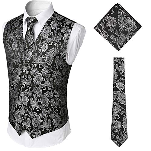 Boyland Mens 3 Pieces Vest Set Jacquard Tux Elegant Tie Pocket Square Waistcoat 5 Colors Dinner Party Prom Silver
