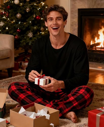 Image of Yoimira Mens Soft Pajama Set Short /Long Sleeve 2 Piece PJs with Pockets | Men's short /long sleeve pajama set, soft 2 piece PJs with pockets for sleepwear, loungewear, relaxing at home and nightwear