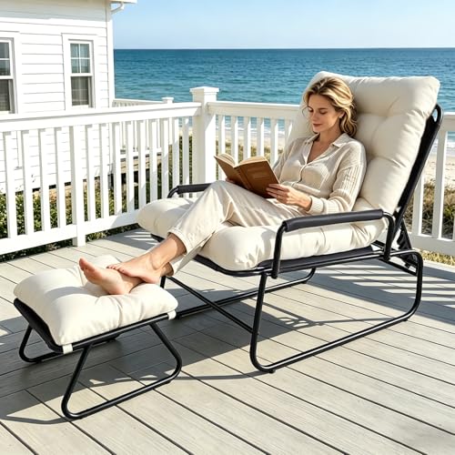 OVLRIJP Loungesessel Outdoor Balkonsessel Liegestuhl Gartenliege Relaxsessel Garten mit Hocker Auflage Abnehmbar 5-Positionen Liegefunktion Relaxliege für Garten Terrasse Balkon (Beige)