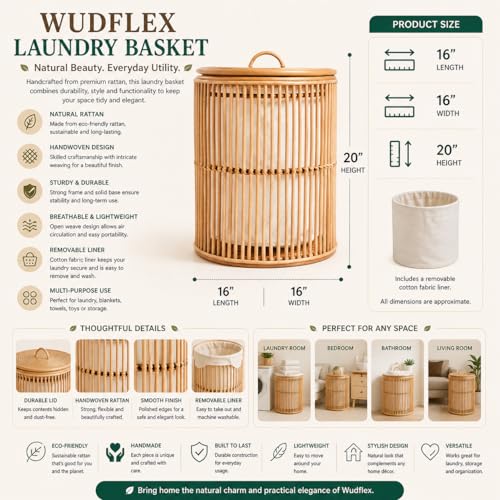 Image of Wicker Cane Laundry Basket with Lid & Removable Liner | Handwoven Natural Rattan Clothes Hamper for Bedroom, Bathroom & Laundry Room (BEIGE)