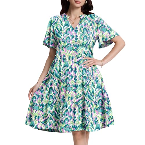 Image of Womens Casual Tiered Swing Midi Dress Ruffle Sleeve V Neck A Line Petite Summer Dresses with Pockets