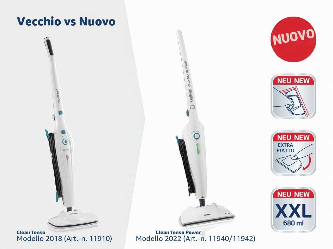 Leifheit pulitore vapore CleanTenso Power 2.0 con vapore caldo contro i batteri, scopa a vapore breve tempo di riscaldamento, 50 minuti di pulizia, vaporetto ideale per angoli, design moderno