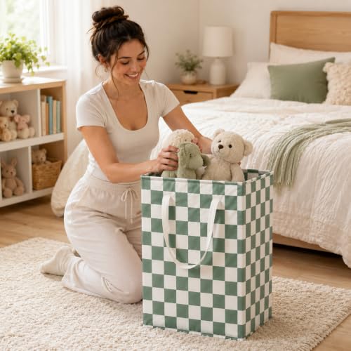 Image of Sage Green Gingham Storage Basket for Girls' Room Decor, 23.6 In Tall