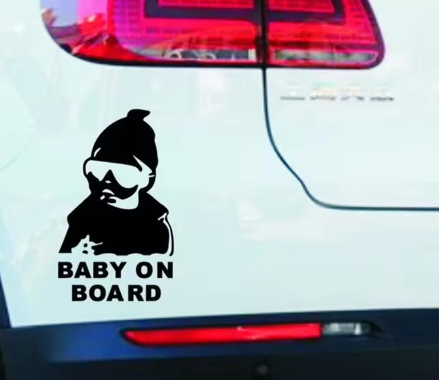 Image of YOURKARTS.COM Car Decorative Stickers - Waterproof & Fade-Proof Sporty Stripe Design for Bonnet, Roof, Doors, and Sides | Easy to Apply Vinyl Wrap (Baby on Board Car Sticker Black)