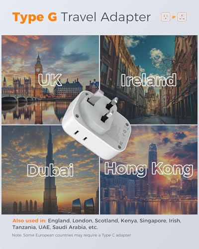 US to UK Plug Adapter 2 Pack, TESSAN Type G Adapter for Travel with 4 Outlets 3 USB (2 USB-C), Power Adaptor for US to UK Ireland London Scotland Kenya Dubai Singapore Hong Kong2
