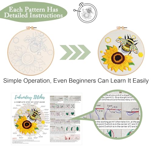 Image of Nuberlic 3 Pack Embroidery Kit for Beginner Adults, Cross Stitch Set with Cute Bee Patterns, Includes Cloth, Hoops, Threads, Needles, Instructions