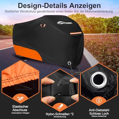 toptrek Motorrad Abdeckplane Outdoor, Motorradabdeckung Wasserdicht aus 210D, Reflektierende Motorradgarage Winterfest, Hochwertige Motorradplane, Abdeckplane Motorrad mit Beutel (245x105x125cm)