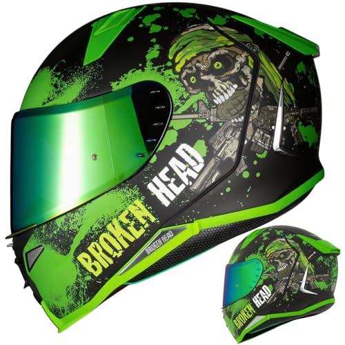 Broken Head Jack S. V2 Pro - Integral-Helm Grün- Sport-Motorrad-Helm Mit 2 Visieren (Klares + Gratis Grün Verspiegeltes Visier) - Größe M (57-58 cm)