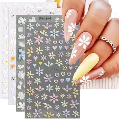 JMEOWIO 3D Lente Bloem Nail Art Sticker 4 Vellen Nagelsticker Zel...