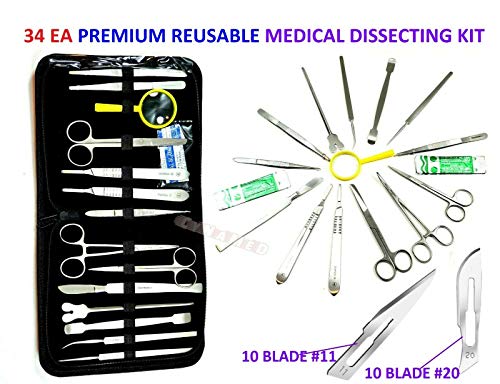 Premium 34 Pcs Advanced Biology Lab Anatomy Medical Student Dissecting Dissection Kit Set with Scalpel Knife Handle Scalpel Blades (All in One with Zipper Case) Blades