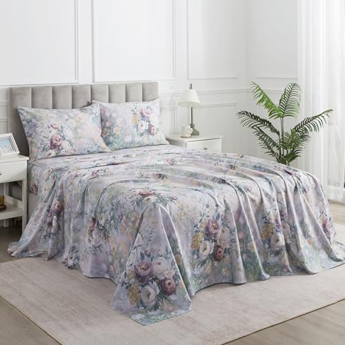 Image of Vintage Floral Sheets Queen, 100% Cotton Percale Shabby Rose Chic Sheet Set, Soft Crisp Aesthetic Green Flower Bed Sheets, Garden Toile Designer Bedding, Deep Pocket Fitted Sheet, 4Pcs