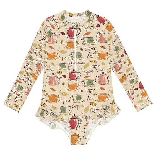 ALAZA Swimsuit for Girls Long Sleeve Rashguard Bathing Suit Coffee Tea Cappuccino Quick Dry 4T