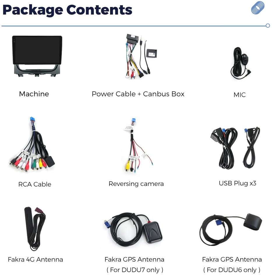 Image showing all components included in the DUDUAUTO DUDU7 package, such as the main unit, power cables, RCA cables, USB cables, microphone, and antennas.