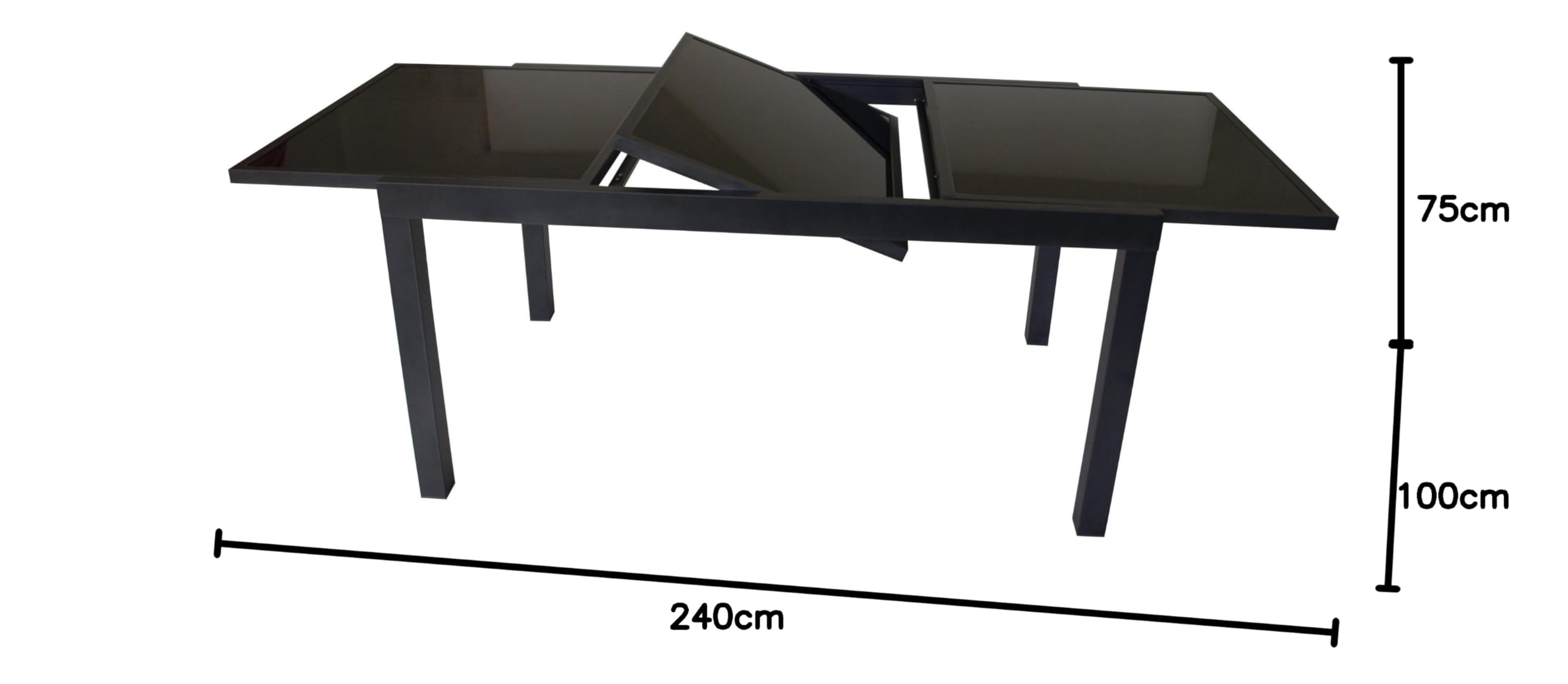 DEGAMO Ausziehtisch Torino XL 180/240x100cm, Aluminium anthrazit + Glas schwarz