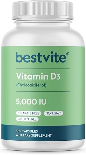 BESTVITE Vitamina D3 5000 UI (365 cápsulas) - Sin estearatos - Sin OMG - Sin gluten - 1 año de suministro de vitamina D