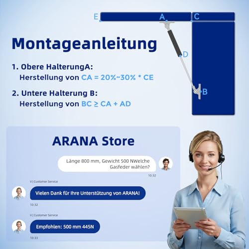 Arana 380MM 100N 10kg Gasdruckfeder 40cm Gasfeder Gasdruckdämpfer Hydraulisch Halterung Für Schranktür Werkzeug Spielzeugkiste Bank Wohnmobiltür DIY Anwendungen Geeignet für Leicht Deckel, 2 Stück