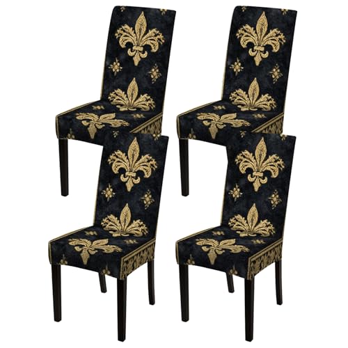 Image of Nuxovilar 4PCS Black Gold Fleur-de-lis Stretch Chair Covers | Stretch Slipcover Elegant Protector Fleur Wrap Seat Guard Dining Room Formal Banquet Event (Fleur-de-lis)