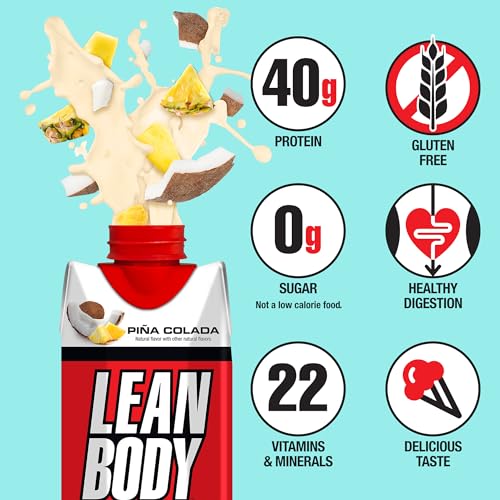 Image of Lean Body Ready-to-Drink Pina Colada Protein Shake, 40g Protein, Whey Blend, 0 Sugar, Gluten Free, 22 Vitamins & Minerals, 17 Fl Oz (Pack of 12)