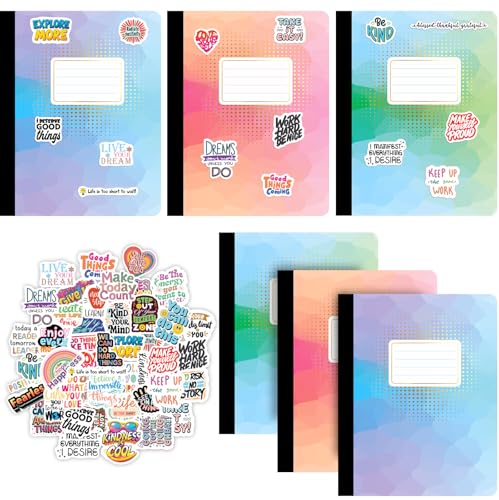 Jainzy Composition Notebooks, 3 Pack with 50 Motivational Stickers,College Ruled, 9.7 x 7.5 inches, 140 Pages, Gold Foil Details