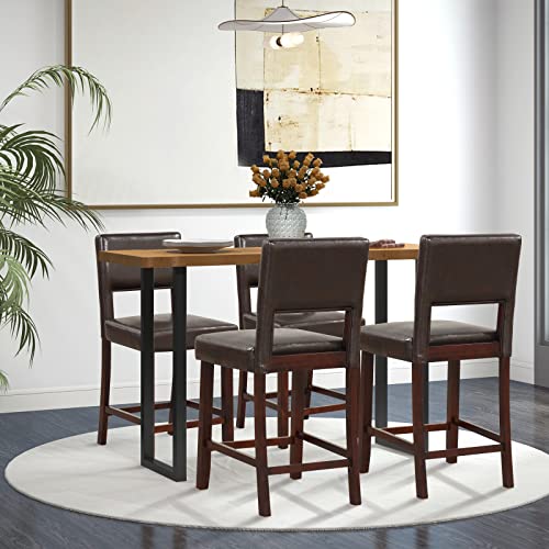 Image of COSTWAY Bar Stools Set of 4, PVC Leather 24.5 Inch Counter Height Chairs with Hollowed Backs, Rubber Wood Legs, Upholstered Barstools for Kitchen Island Home Bar Pub Dining Room, Brown