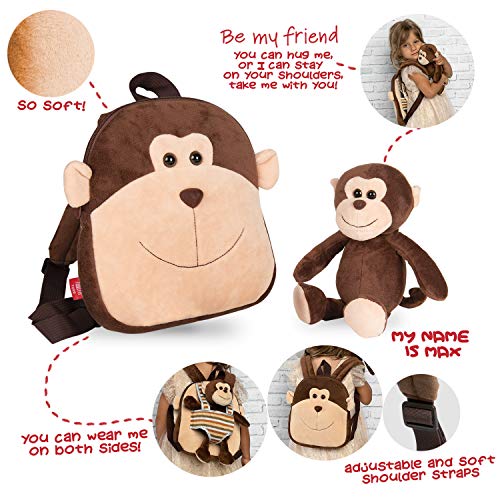 PERLETTI Kuscheltier Affe Rucksack Kleinkinder mit Plüsch Abnehmbar Weich - Kinderrucksack Plüschtier für Kindergarten Kinder 3 4 5 Jahren - Äffchen Plüschspielzeug Kindertasche - 22x25x3 cm (Affe)