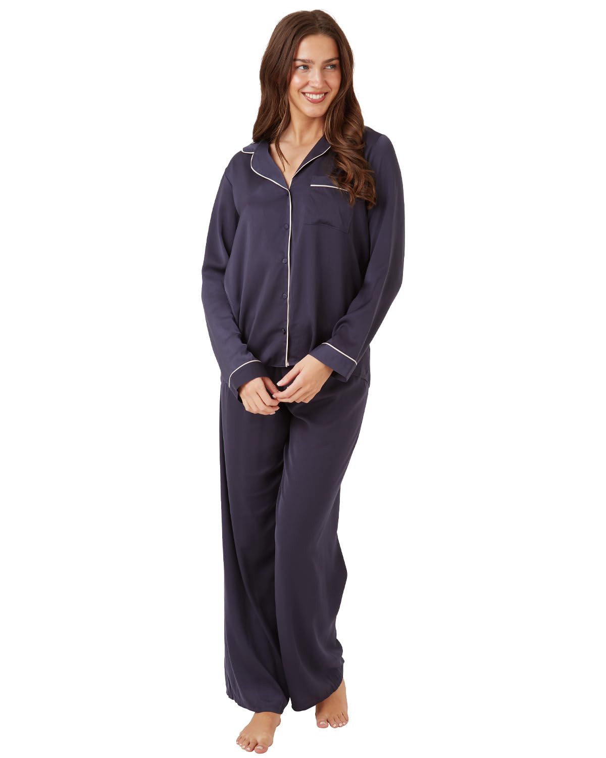 Undercover Ladies Satin Long Pyjamas IN38399 Deep Indigo 14-16