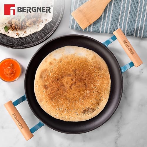 Image of BERGNER Excalibur Lightweight Cast Iron Dosa Tawa 30cm, Double Sided Sturdy Handle, Non-Stick Coating, PFAS Free, Perfect Heat Distribution, Elegant Design - Induction Compatible (Blue)