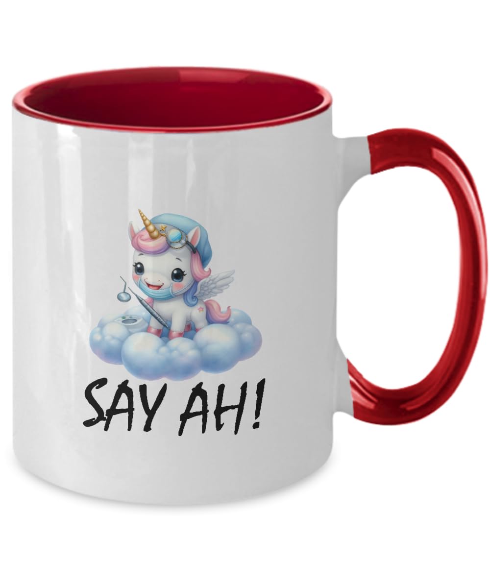 AMISK CREATIVES Say AH Dental Dentist Tooth Funny Unicorn Mug Gift Ideas For Women Men Dental Hygiene Hygienist Two Tone