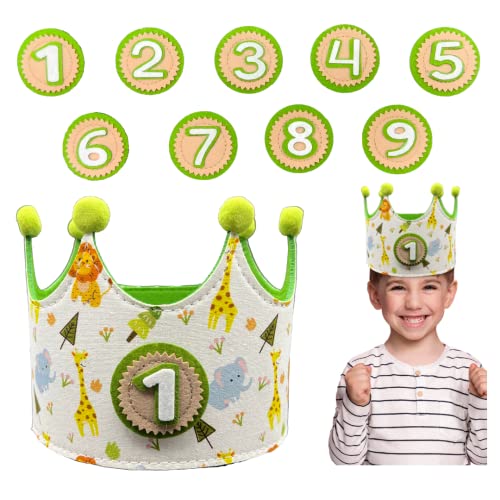Corona Primer Cumpleaños Selva Bebe Infantil - Corona Cumpleaños tela niño niña Números Intercambiables 1 a 9 - Regalo Original Bebe - Gorro Tela Niño Fiesta - Corona Cumpleaños Fiesta Infantil Cover