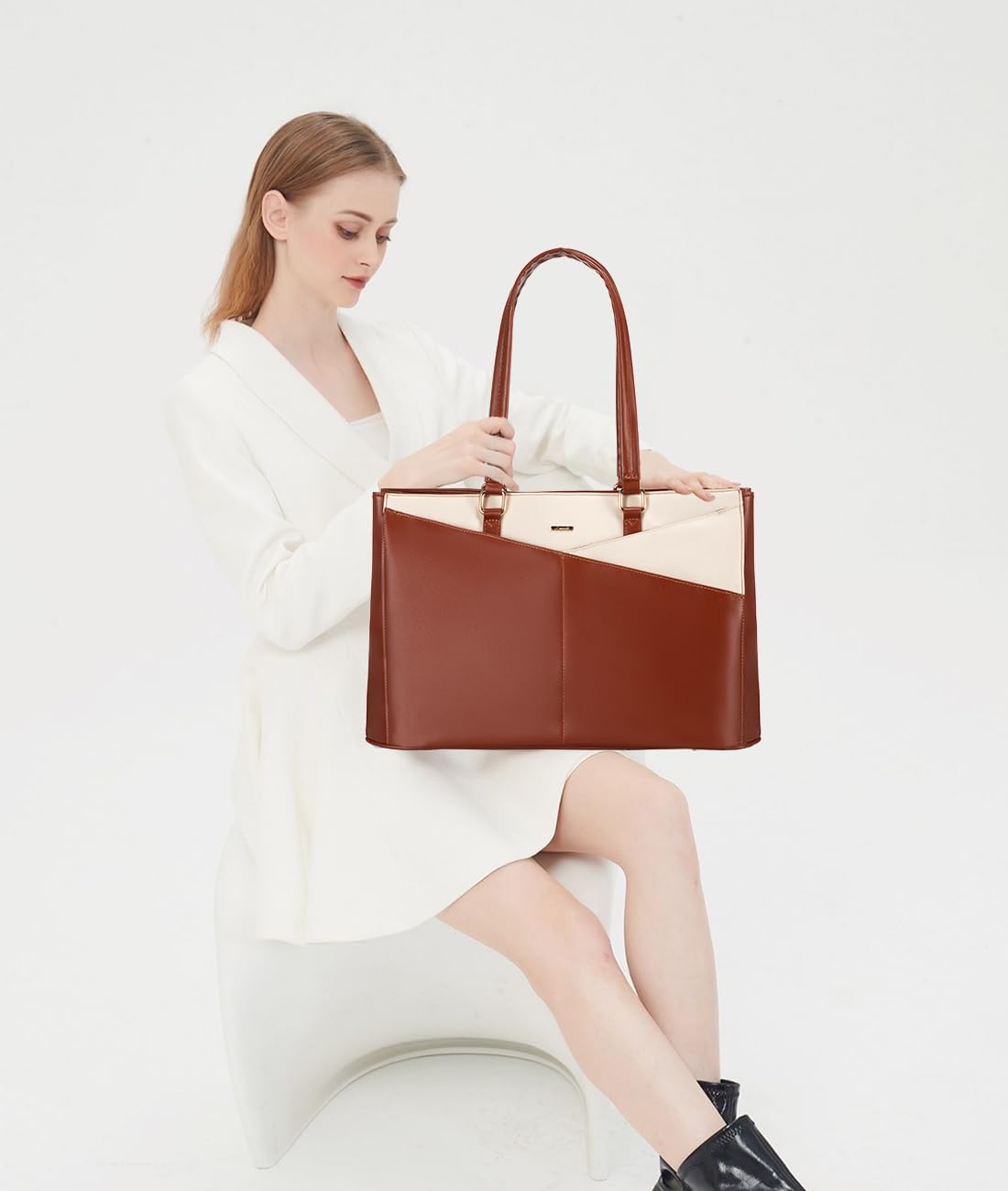 LOVEVOOK Laptop Bag for Women 15.6 Inch Tote Bags Waterproof Leather Briefcase Computer Women Business Office Work Bag,Brown-White - Image 7