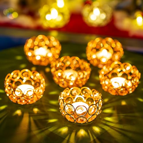 Sziqiqi Juego de 6 Candelabros de Cristal, Portavelas de Velas Pequeñas Centro de Mesa para Navidad Ceremonia Regalo de Boda Fiesta Decoración, 8cm, Borde de Metal Oro