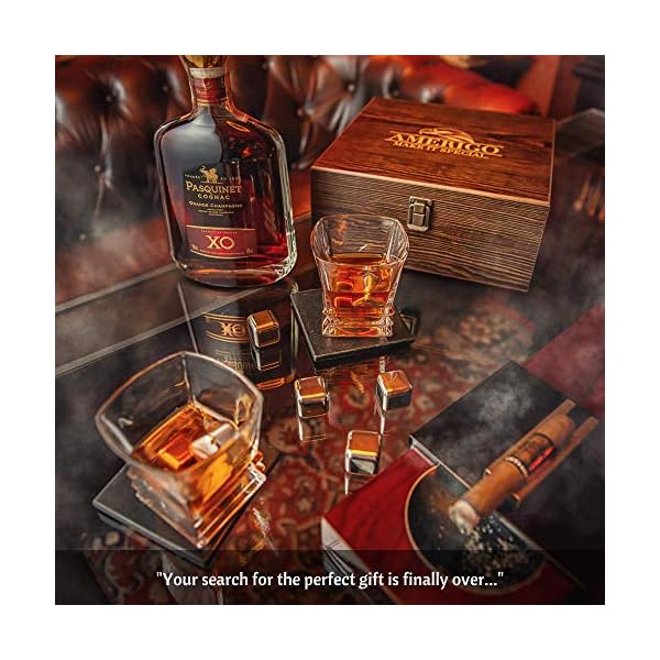 Amerigo Whisky Piedras Set de Regalo de Acero Inoxidable con 2 Vasos de Whisky - Alta Tecnología de Refrigeración - Regalos Hombre - 8 Reutilizables Cubitos de Hielo + Posavasos Originales + Pinzas - Imagen 6