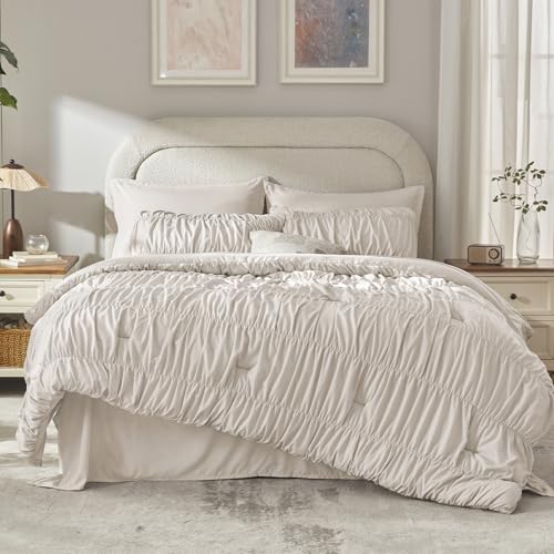 Image of Andency Ruched Oversized Queen Comforter Set Linen, 7 Pieces Ruffle Bed in a Bag, Shabby Chic Pleat Bedding Set with Comforter, Sheets, Pillowcase & Sham, Lightweight, Soft, All Season