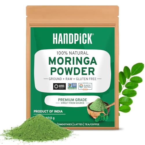HANDPICK, Polvo de Hoja de Moringa - 397g Bolsa Resellable - 100% Moringa Oleifera Pura - Sin Gluten y No-OGM - Para Batidos, Tés y Recetas - Origen Sostenible