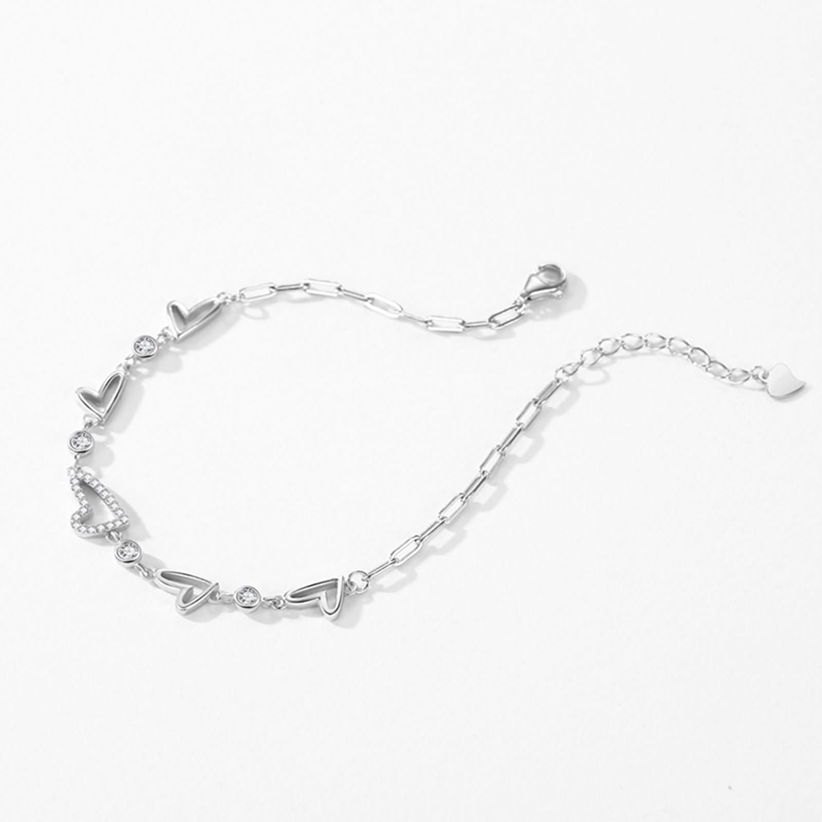 Pulsera Mujer de Oro Blanco de 9Kilates / 14Kilates / 18Kilates, Corazón Hueco con Diamante, Cadena Extensible 16 CM + 5 CM, Pulseras Cadena Plata Ajustable Mujer