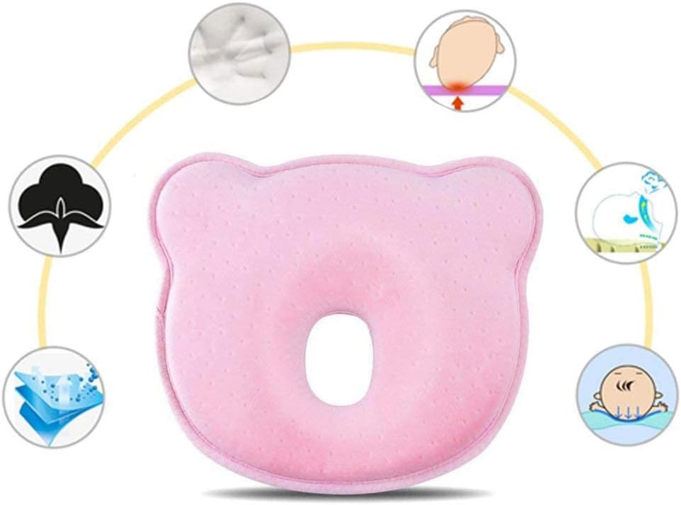 Newborn Baby Head Shaping Pillow (Memory Foam Cushion) Preventing Baby Flat Head Syndrome (Plagiocephaly)&Neck Support,100% Cotton Breathable Pillow,Best Perfect for 0-12 Months Baby (Bear Pink) …