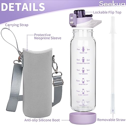 Seekua 800ml Glass Water Bottle with Straw & Time Markings BPA free Motivational Glass Drinking Bottle Leakproof - Image 3