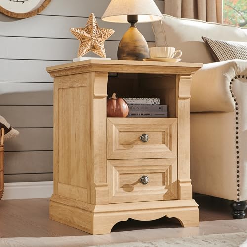 Image of Farmhouse Nightstand with Charging Station 18 inchWood End Table w /Roman Column