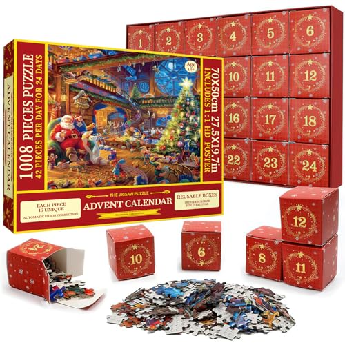 Jigsaw Advent Calendar 2023, Advent Calendar Christmas Puzzle,Puzzle Advent Calendar Jigsaw 2023 for Adults 1008 Piece Christmas Countdown Calendar Gifts for Women Men Teens Kids (F)