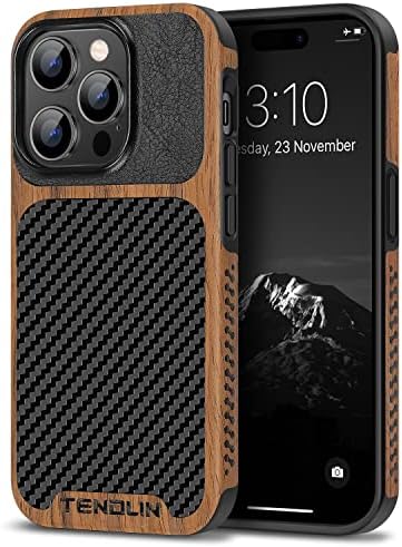 TENDLIN Compatible with iPhone 14 Pro Max Case Wood Grain with Carbon Fiber Texture Design Leather Hybrid Slim Case