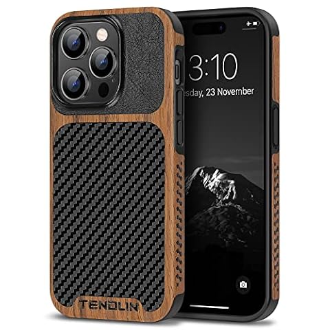 TENDLIN Etui kompatybilne z iPhone 6.7 Pro Max, drewno i karbonowa tekstura, hybrydowe etui na telefon komórkowy (czarne)