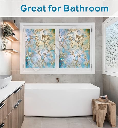 Image of WISDOM Blue Leaf 16x360 Decorative Frosted Window Film for Home /Kitchen Office Film