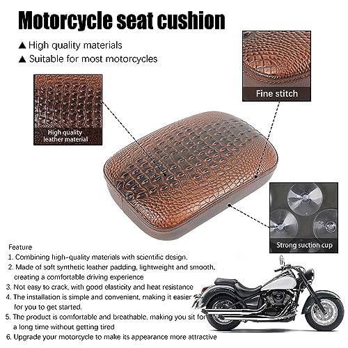 Image of Motorcycle Pillion Passenger Pad Seat, Brown Crocodile Leather Pillion Pad w / 8 Suction Cup Rear Passenger Seat Compatible with Harley Custom Bikes and More