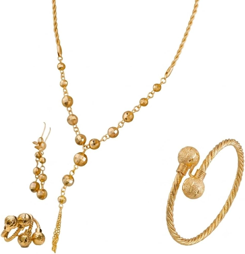 Golden Aura Elegant Gold Plated Faceted Bead Jewelry Set - Statement Necklace, Bracelet, Ring, and Dangle Earrings 4-Piece Set