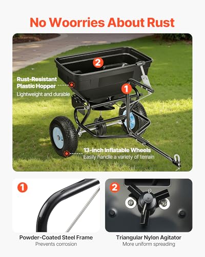 Image of VEVOR Tow Behind Broadcast Spreader, 130LBS Capacity, Tow /Push Garden Spreader with 13 in Tires, 30 Adjustable Setting & 9.8 ft Spreading Width, Lawn Spreaders for Seed, Fertilizer, Salt, Ice Melt