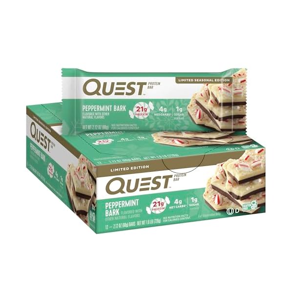 Quest Nutrition Peppermint Bark Protein Bar, 21g Protein, 4g Net Carb, 1g Sugar, Gluten Free, 12 Count