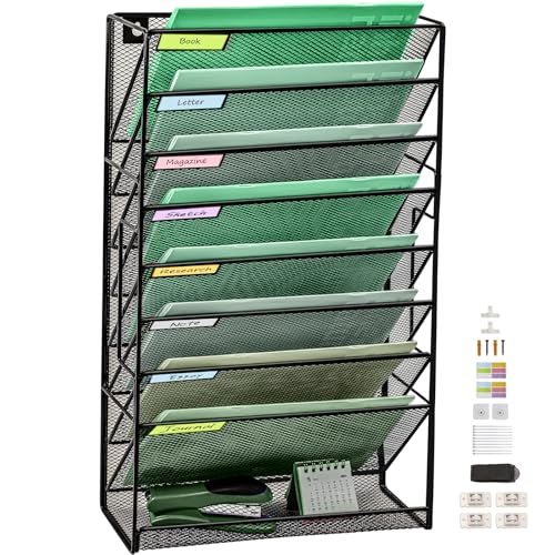 9-stöckiger Netz-Wand-Aktenhalter mit flacher Ablage unten, mittelgroßes Netz, vertikale Hängeregistratur-Organizer, Büro-Hängeregister, Zeitschriftenständer, Namensschild-Haken-Set inklusive, Schwarz