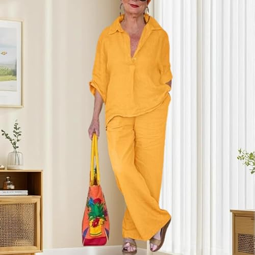 Akivide X-Large Cotton Linen Pants Set in Vibrant Yellow - Stylish 2 Piece Outfit with 3/4 Sleeve Tops and High Waist Wide Leg Pants - Image 5