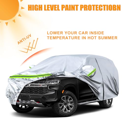 Image of Waterproof Car Covers Replace for 2007-2025 Chevy Tahoe /GMC Yukon /Cadillac Escalade, 6 Layers Silver All Weather Car Cover with Zipper Door for Snow Rain Dust Protection